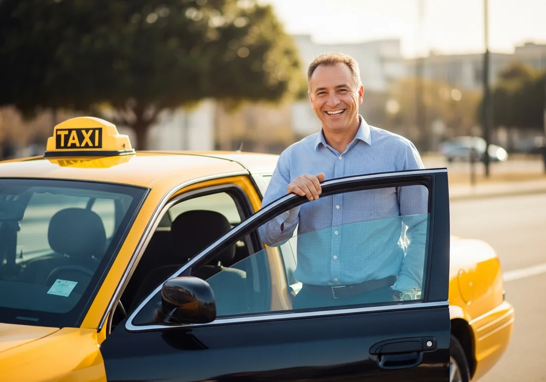 Friendly taxi driver beside his cab